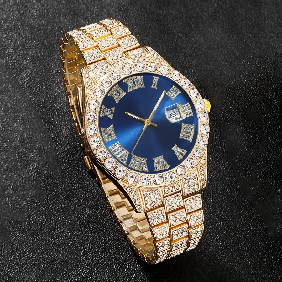 Men's Quartz Watch Set, Stylish Shock Resistant Circular Pointer Display, Non Alloy Case and Strap, with Accompanying Jewelry Set