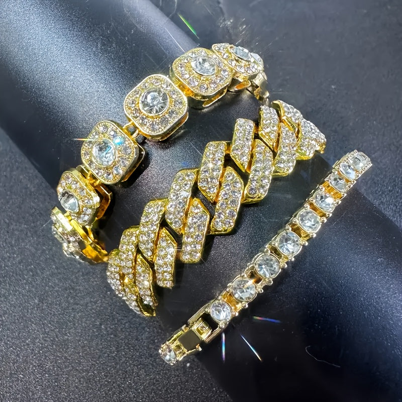 3pcs 7.87inch Cuban Chain Bracelets For Men, Hip Hop Iced Out Rhinestone Bracelet Jewelry