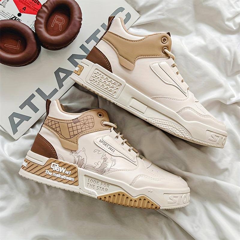 Women's High-Top Casual Sneakers - Trendy Wave Pattern & Color Block Design, PU Cover Upper & Anti-Slip Rubber Sole, Lace-Up Skateboard Shoes for Outdoor Activities, All-Season Comfort Footwear, High Top Sneakers