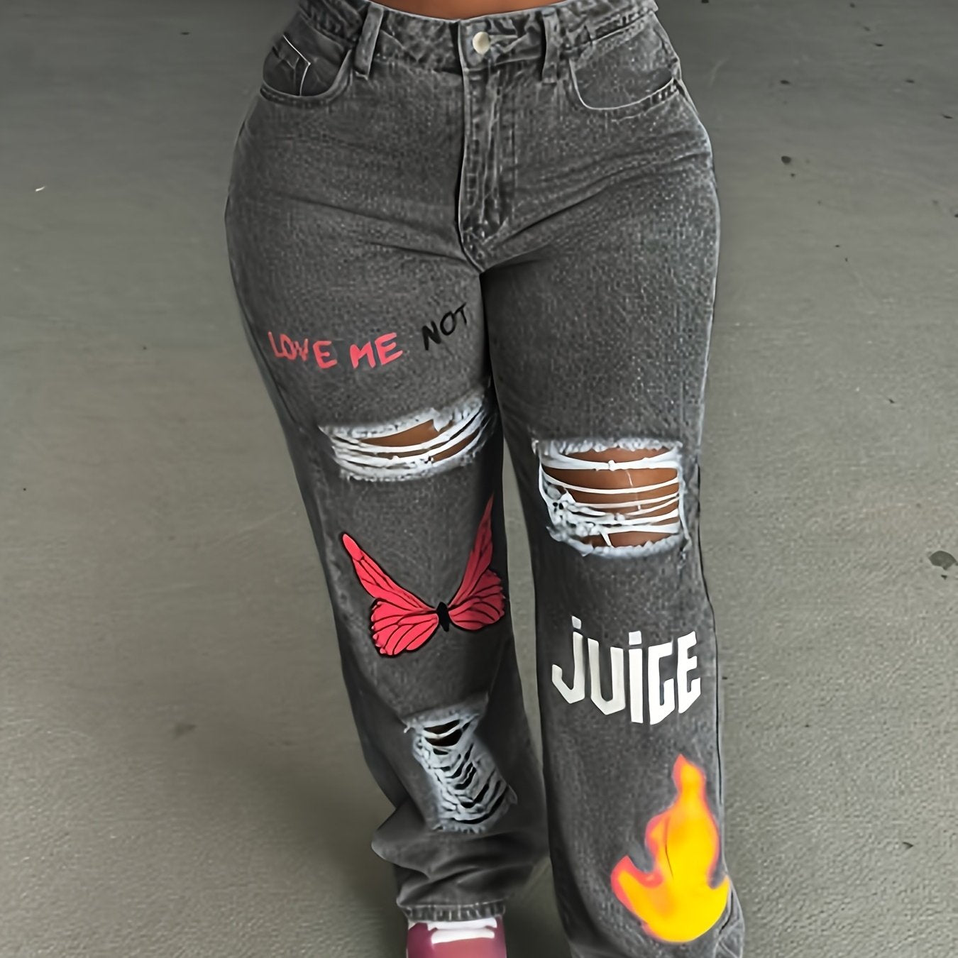 Women's American Retro Jeans - Embroidered "LOVE ME NOT" Butterfly & Flame Design, Straight-Leg Loose Fit Wide-Leg Pants with Button Detail, Machine Washable Casual Summer Pants