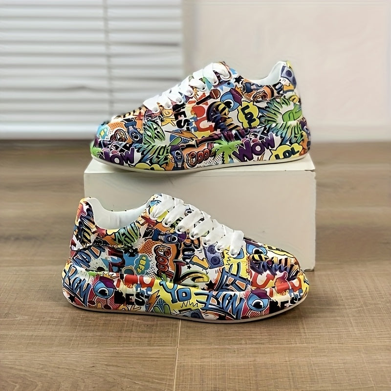 Women's Graffiti Print Platform Sneakers - Low-Top Lace-Up Skate Shoes with PU Cover Upper, Rubber Sole & Fabric Lining, All-Season Casual Streetwear Shoes for Urban Fashion, Ladies Sneakers, Stylish Laceup Footwear, Durable