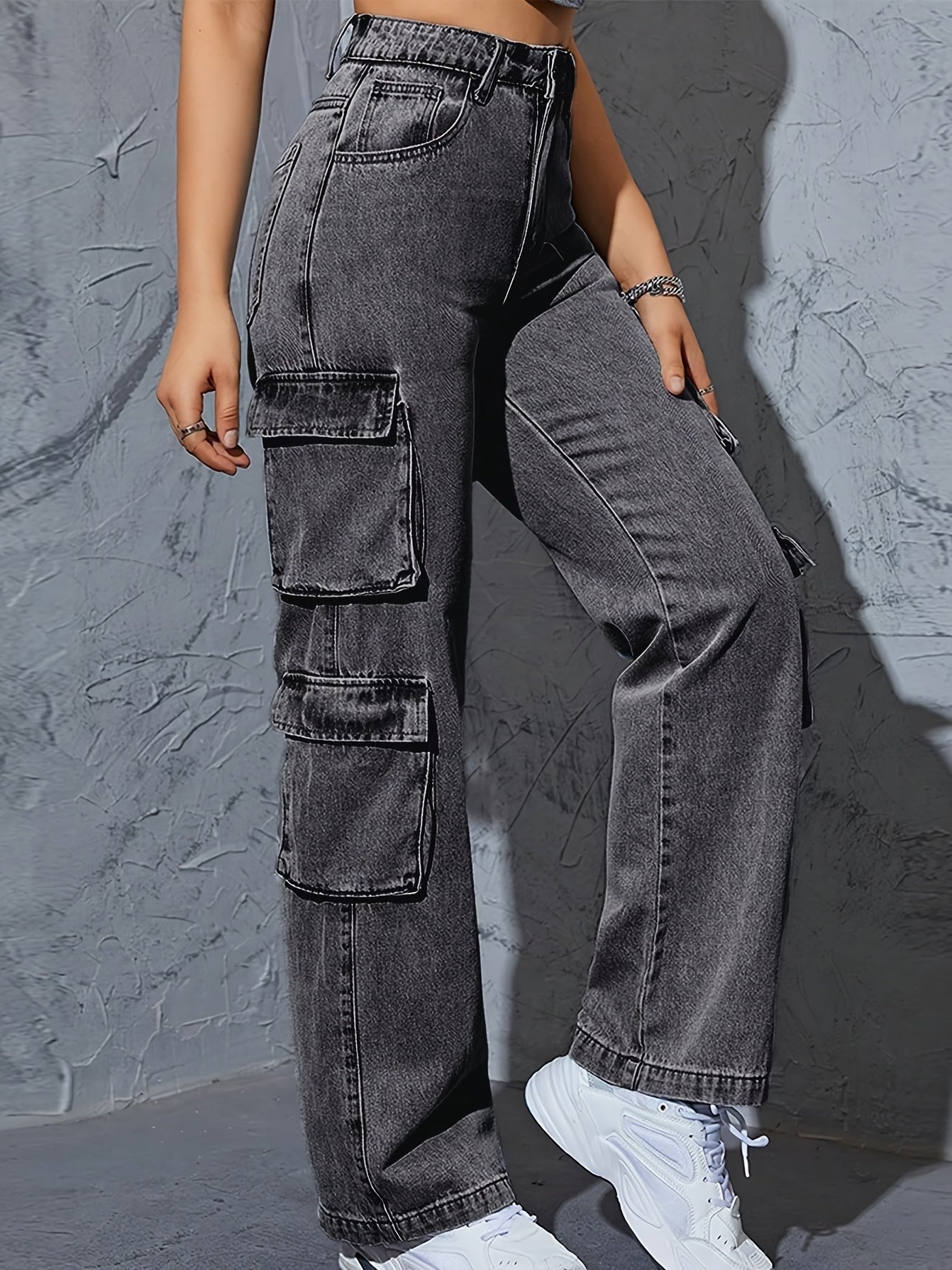 Women's High-waisted Wide-leg Jeans, Boyfriend Style Wide-leg Overalls, Casual Denim Baggy Belt Pockets