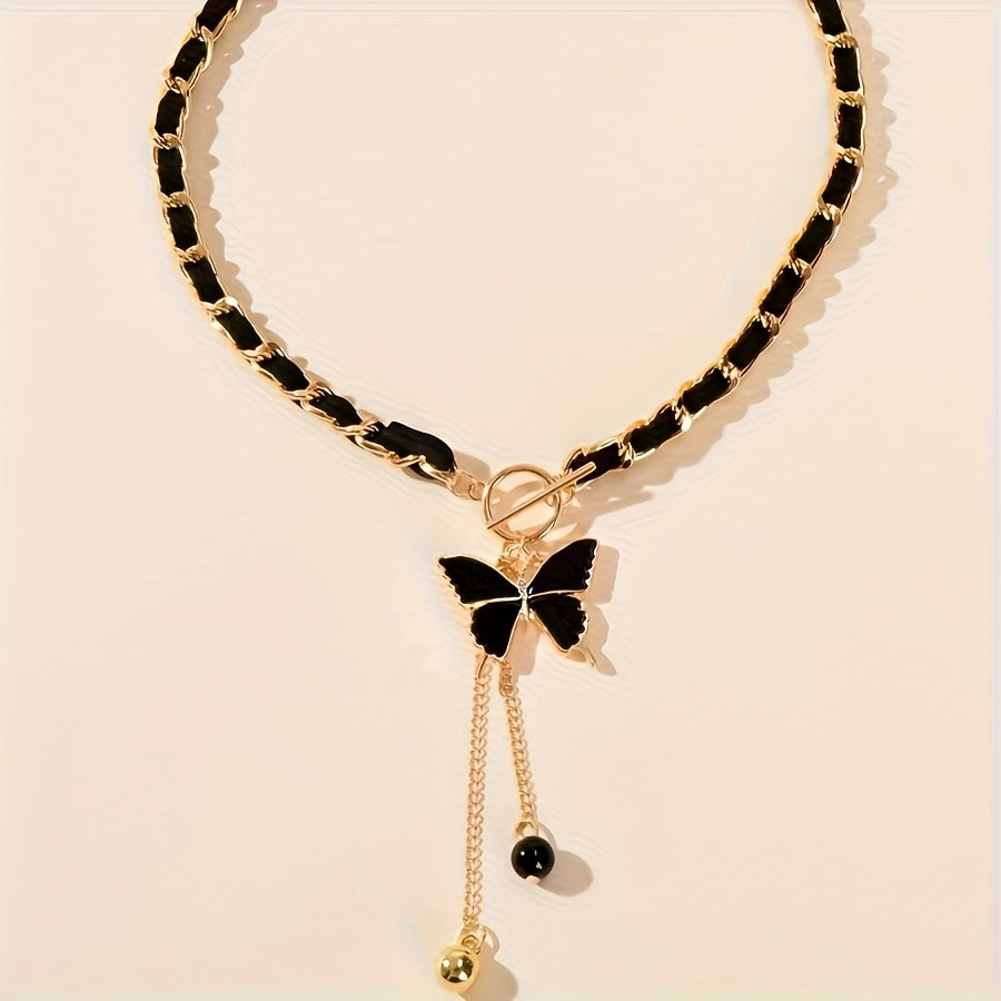 1pc Women's Black Butterfly Pendant Necklace, Bohemian Elegance with Tassel Pendant Necklace, Chain Jewelry for Daily Wear