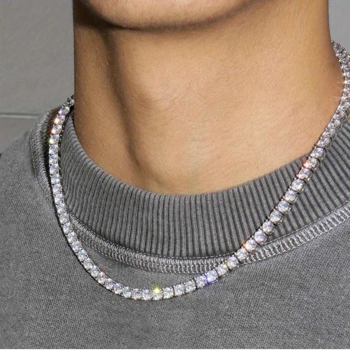 Shiny Hip Hop Tennis Silveryy Chain Necklace Party Jewelry For Men And Women