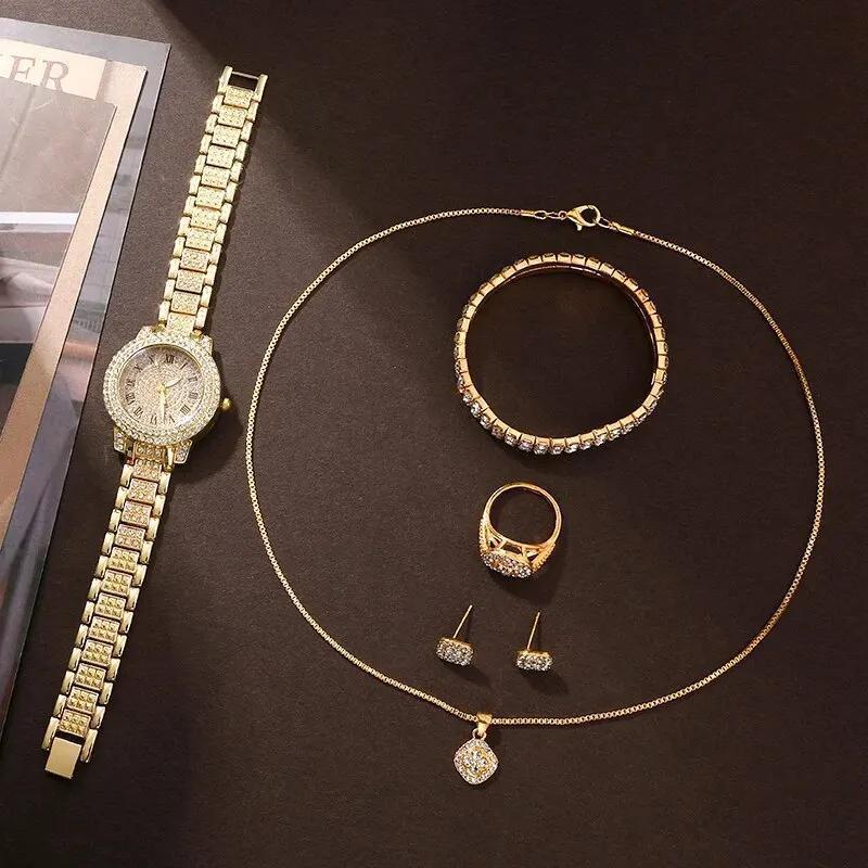 Golden Watch Women Ring Necklace Earrings Rhinestone Fashion Wristwatch Female Casual Ladies Watches Bracelet Set Clock