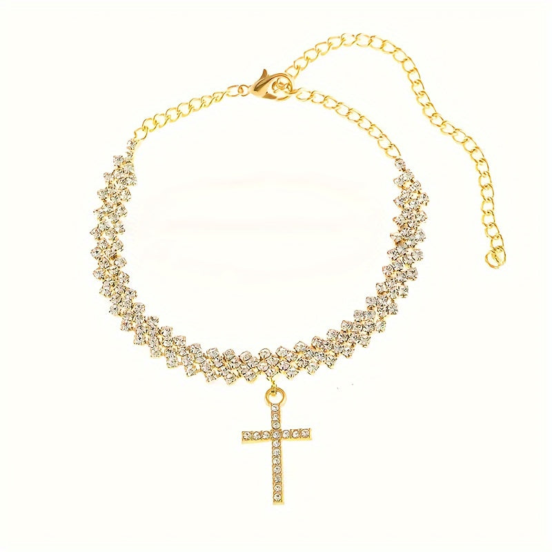 2pcs/ Set Delicate Golden Glitter Cross Pendant Women'S Anklet, Fashion Glitter Elegant Sexy Style Personalized Summer Beach Anklet, Jewelry Gift Anklet, The Perfect Holiday Gift for Beautiful Women