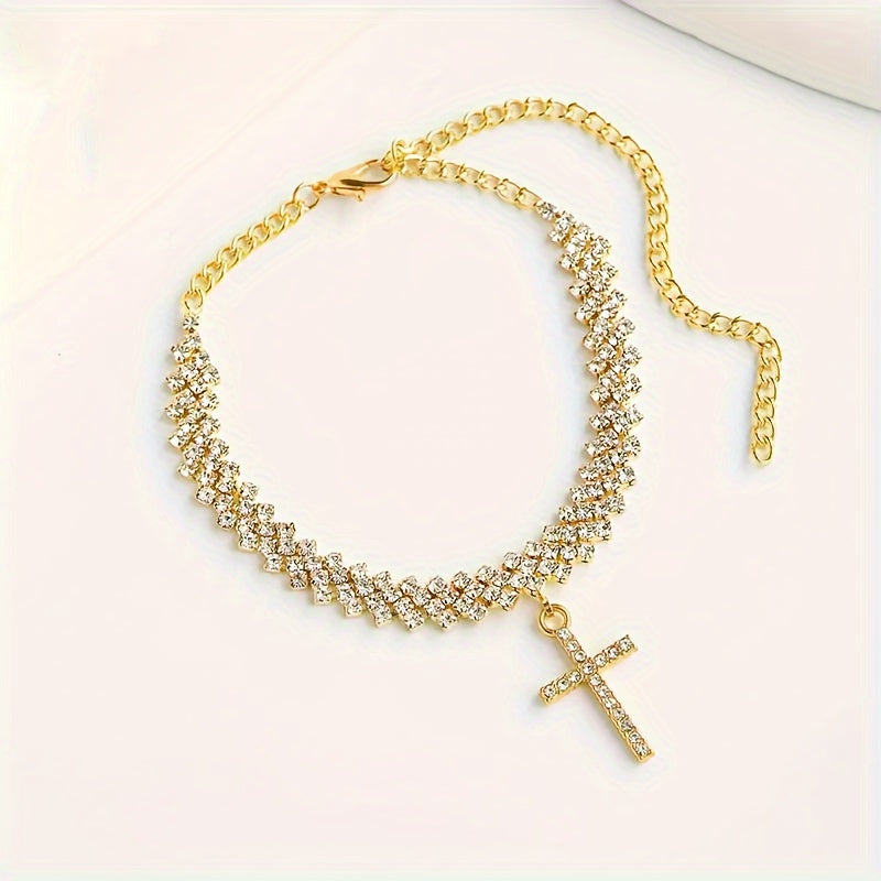 2pcs/ Set Delicate Golden Glitter Cross Pendant Women'S Anklet, Fashion Glitter Elegant Sexy Style Personalized Summer Beach Anklet, Jewelry Gift Anklet, The Perfect Holiday Gift for Beautiful Women