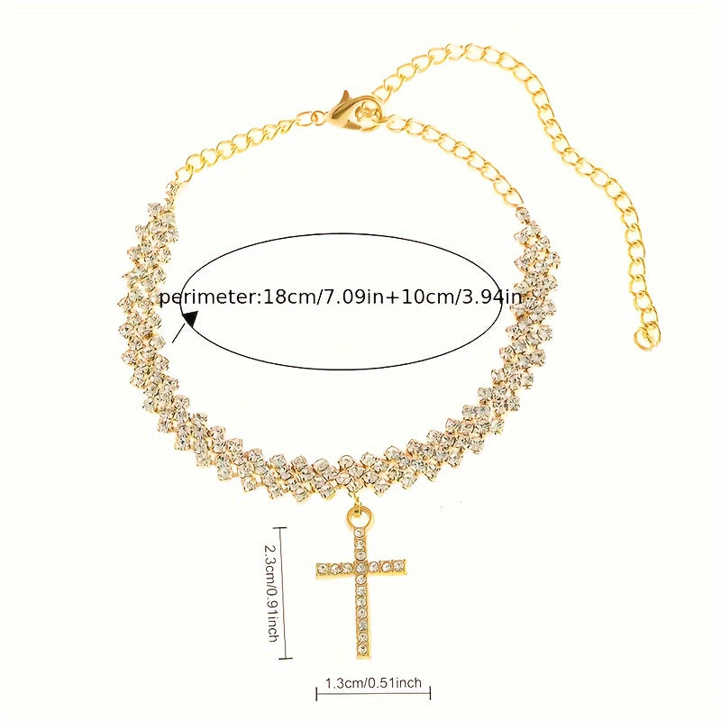 2pcs/ Set Delicate Golden Glitter Cross Pendant Women'S Anklet, Fashion Glitter Elegant Sexy Style Personalized Summer Beach Anklet, Jewelry Gift Anklet, The Perfect Holiday Gift for Beautiful Women