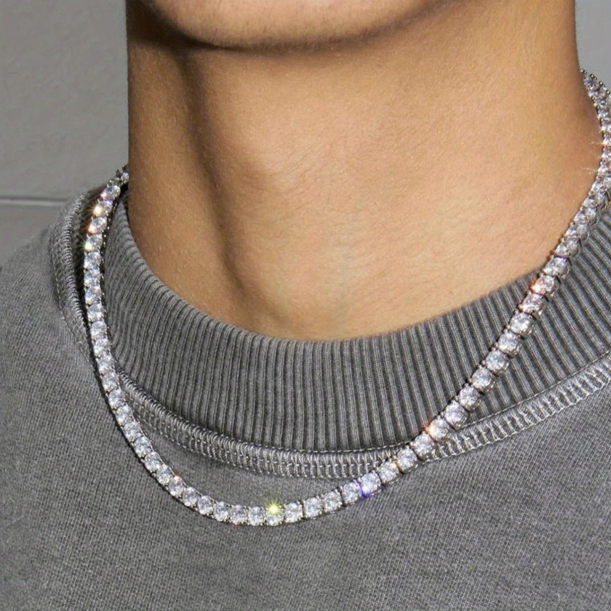 Shiny Hip Hop Tennis Silveryy Chain Necklace Party Jewelry For Men And Women