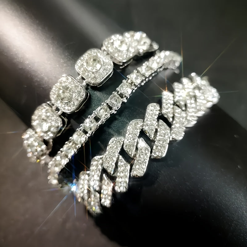 3pcs 7.87inch Cuban Chain Bracelets For Men, Hip Hop Iced Out Rhinestone Bracelet Jewelry
