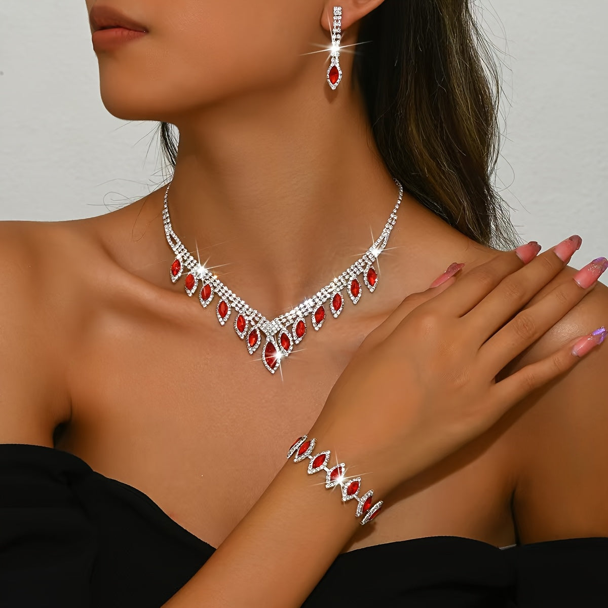 Elegant Bridal Wedding Jewelry Set, Rhinestone Heart Theme, Synthetic February Birthstone, Minimalist Style, 1 Necklace, 1 Pair Of Earrings, 1 Bracelet, Party And Wedding Accessories, Ramadan Gifts, Suitable For All Seasons