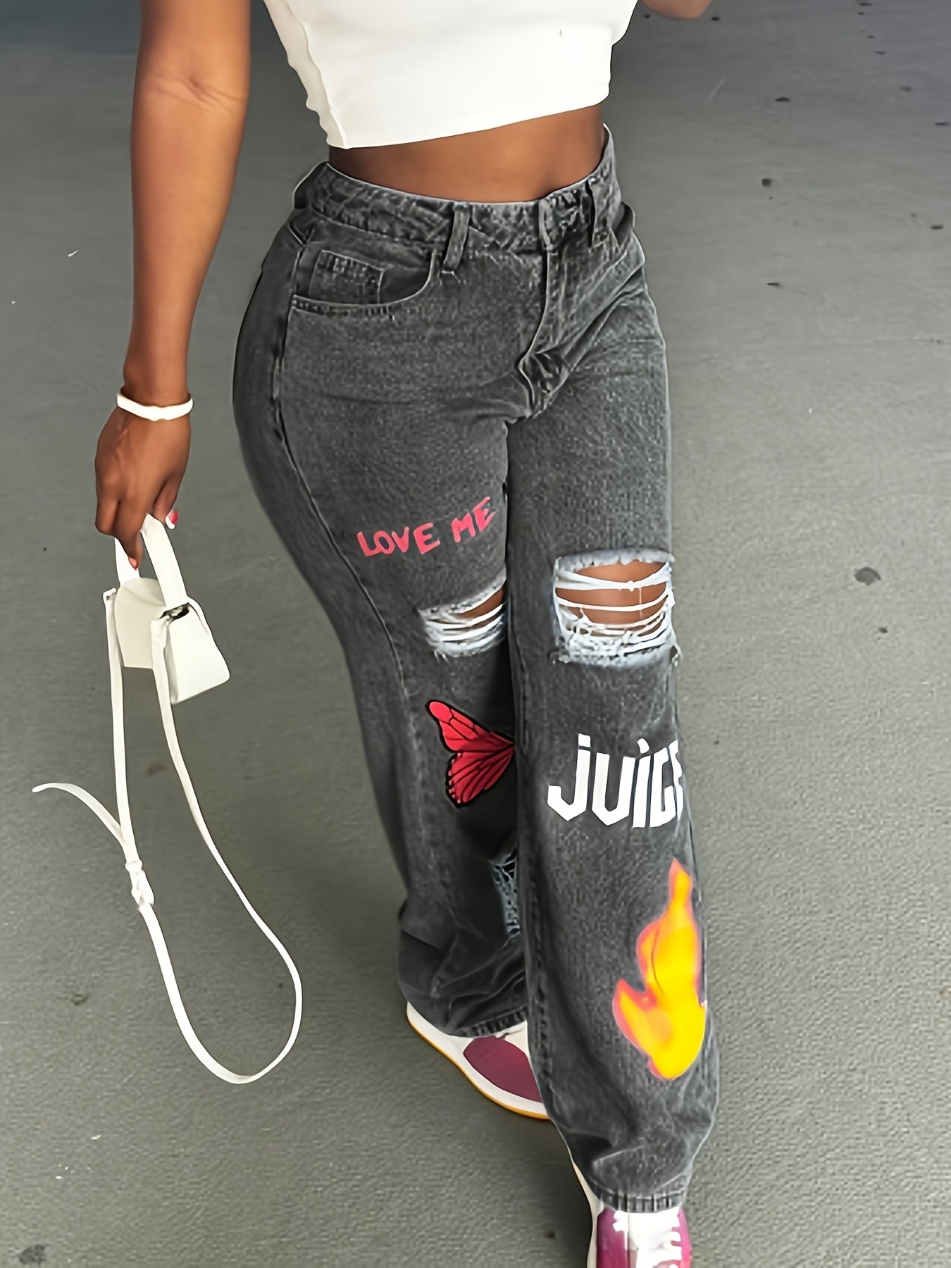 Women's American Retro Jeans - Embroidered "LOVE ME NOT" Butterfly & Flame Design, Straight-Leg Loose Fit Wide-Leg Pants with Button Detail, Machine Washable Casual Summer Pants