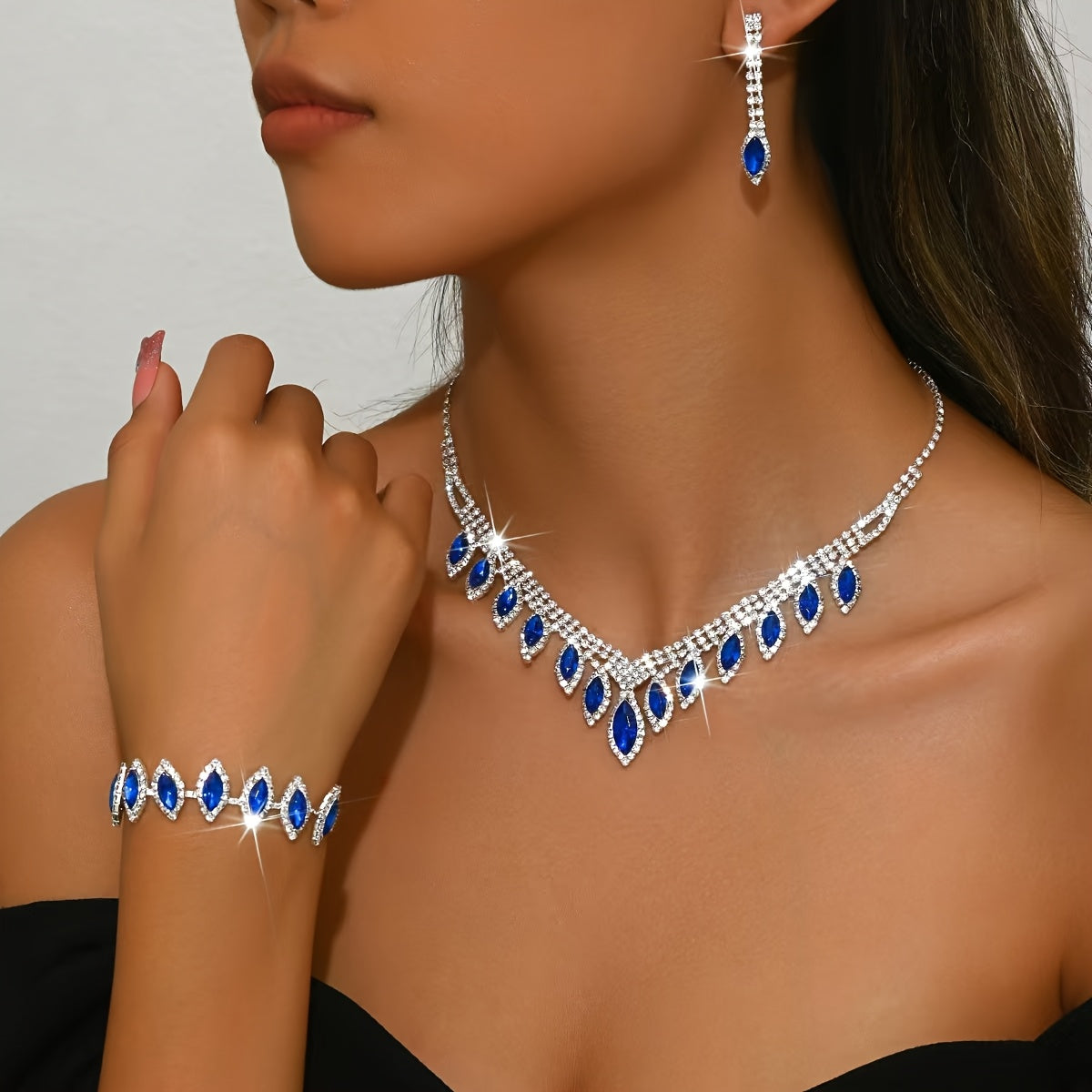 Elegant Bridal Wedding Jewelry Set, Rhinestone Heart Theme, Synthetic February Birthstone, Minimalist Style, 1 Necklace, 1 Pair Of Earrings, 1 Bracelet, Party And Wedding Accessories, Ramadan Gifts, Suitable For All Seasons