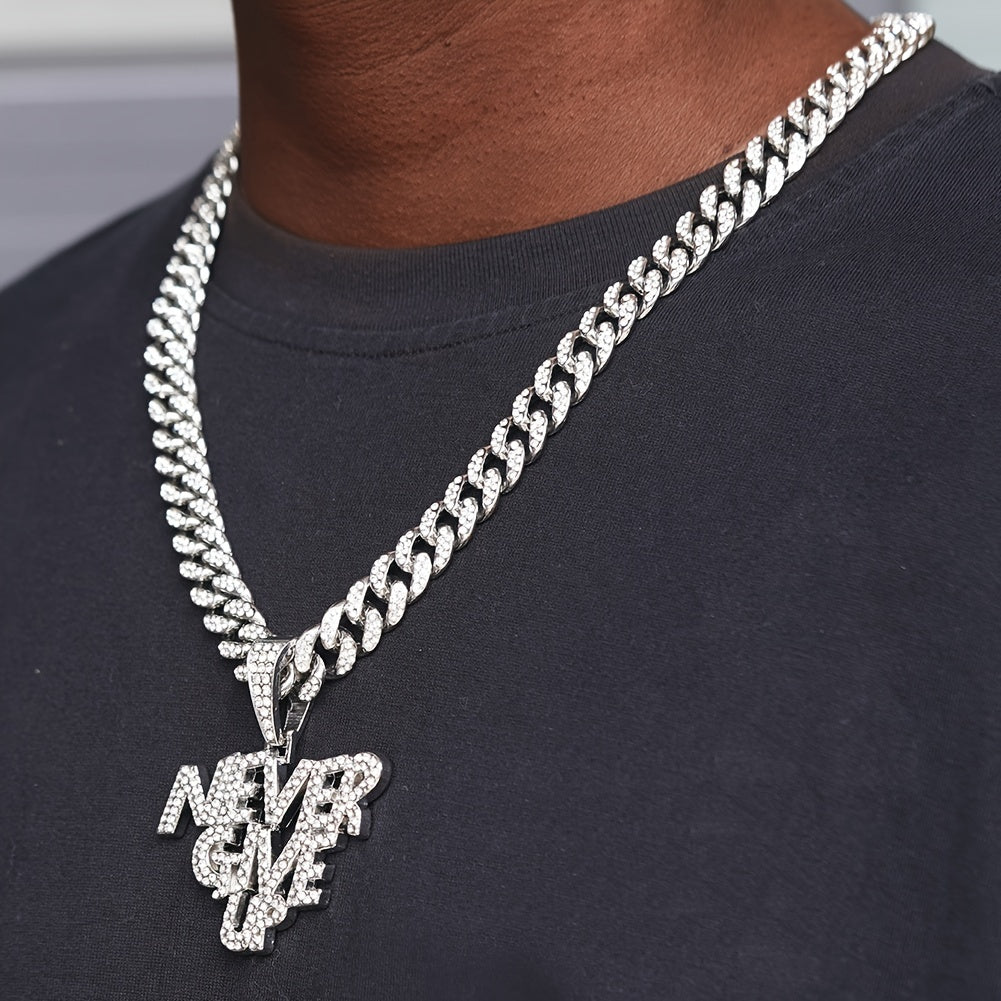 A Shiny Pendant With The Words NEVERGIVEUP, Featuring A Cuban Link Chain, Suitable For Both Men And Women, A Hip-hop Pendant Necklace.