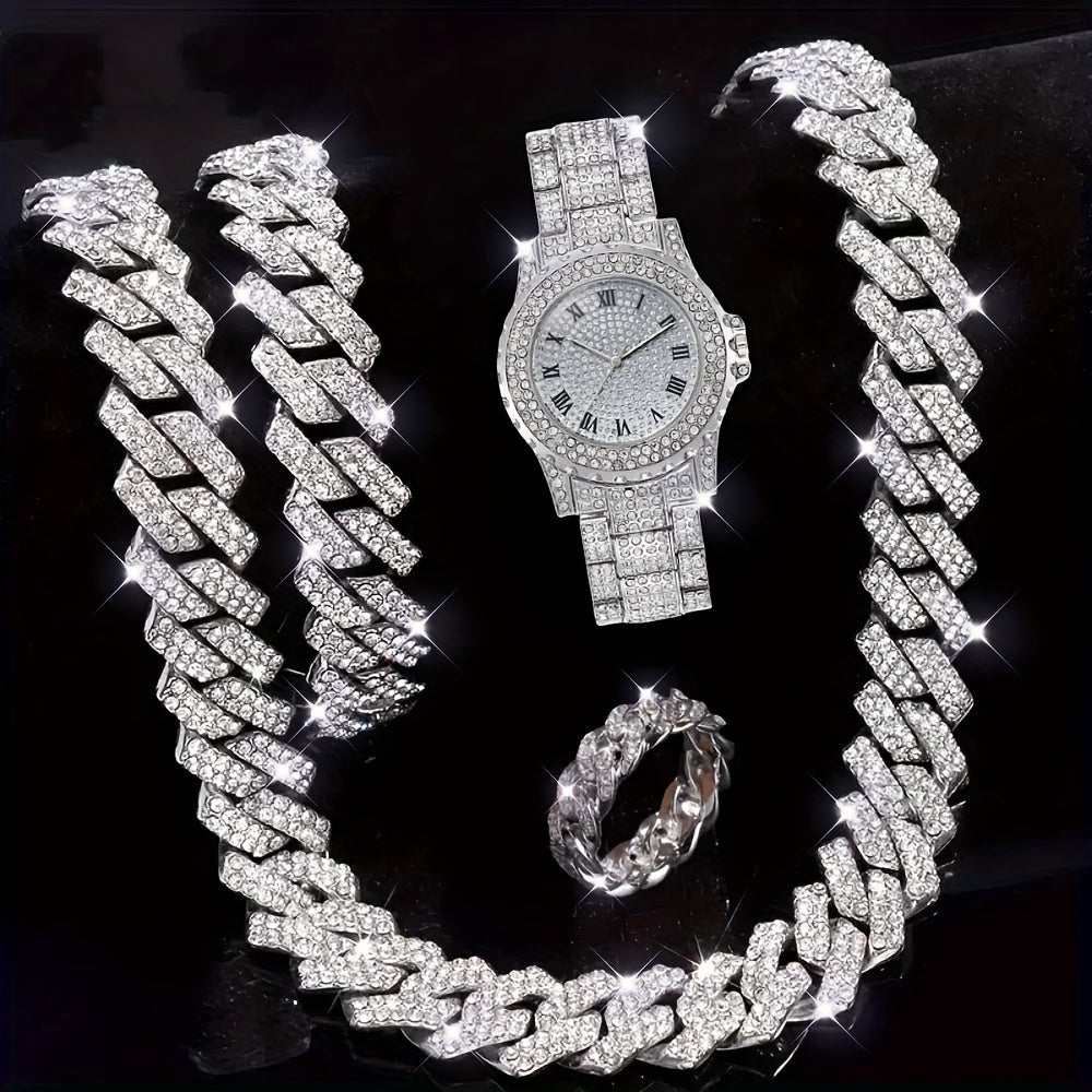 4pcs, Men's Rhinestone Bracelet Set, Ring Set, Men's Watch Gift Set