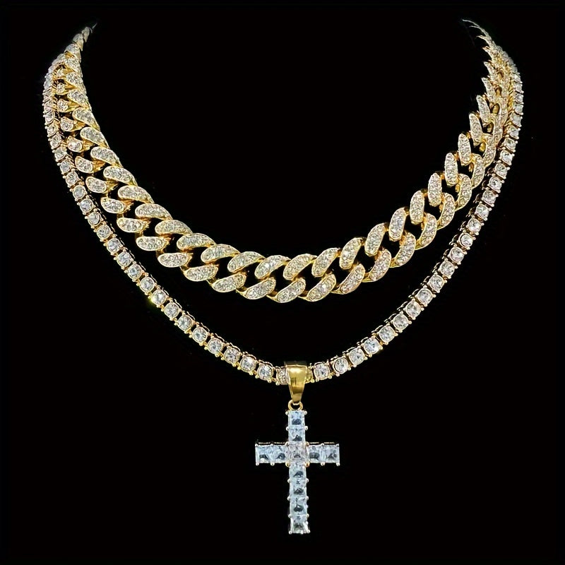 2 Shiny Pendants With Ice Cuban Chain Miami Necklace Men And Women Hip-hop Pendant Necklace Jewelry Gift