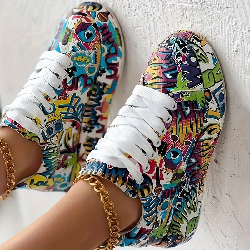 Women's Graffiti Print Platform Sneakers - Low-Top Lace-Up Skate Shoes with PU Cover Upper, Rubber Sole & Fabric Lining, All-Season Casual Streetwear Shoes for Urban Fashion, Ladies Sneakers, Stylish Laceup Footwear, Durable