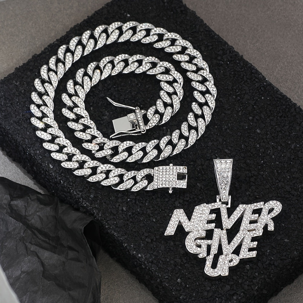 A Shiny Pendant With The Words NEVERGIVEUP, Featuring A Cuban Link Chain, Suitable For Both Men And Women, A Hip-hop Pendant Necklace.
