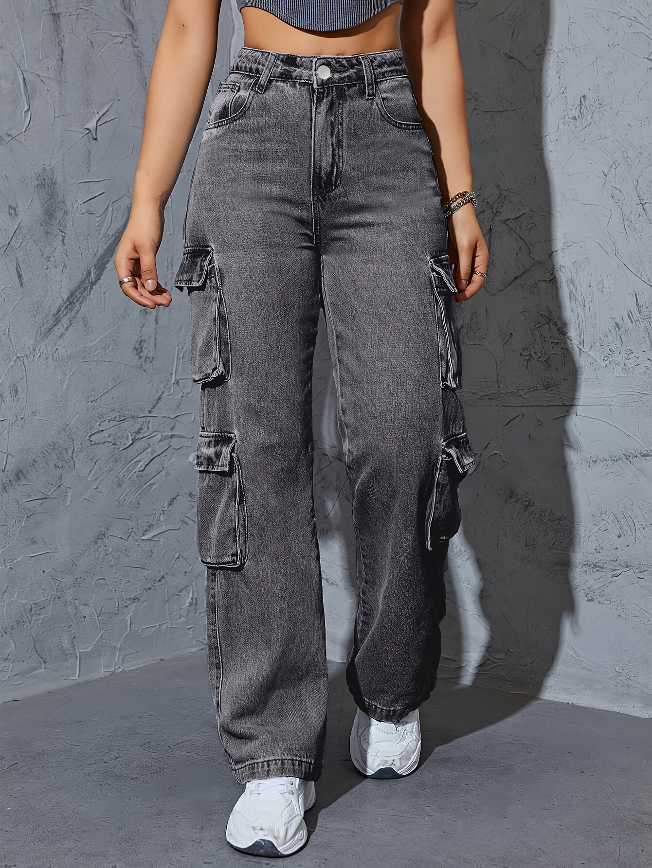 Women's High-waisted Wide-leg Jeans, Boyfriend Style Wide-leg Overalls, Casual Denim Baggy Belt Pockets