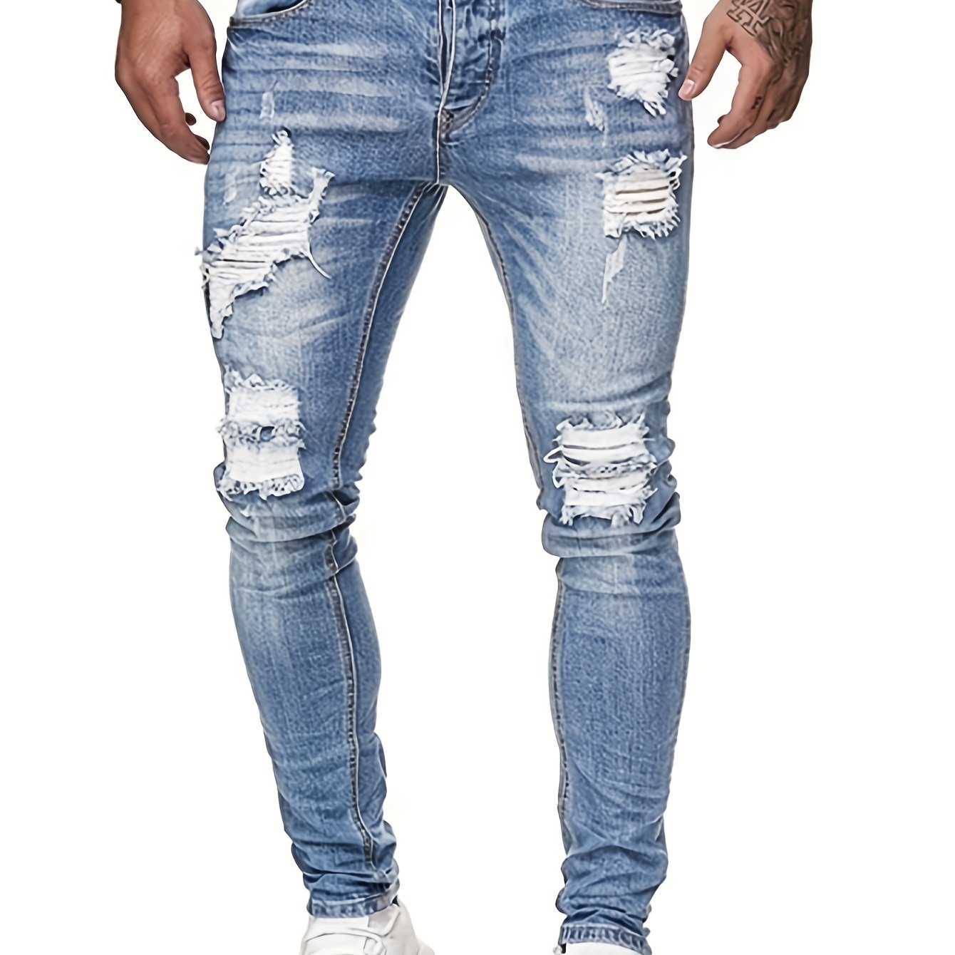 Fashionable, Simple, Versatile Men'S Pants With Holes, Polished White, Slim Fit, Street Fashion, Denim Pants, Fashionable, Worn-out, Small Leg Pants