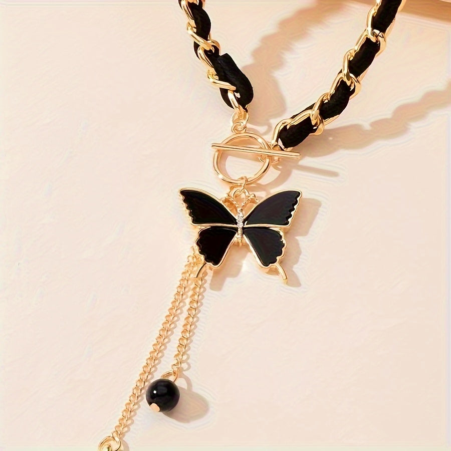 1pc Women's Black Butterfly Pendant Necklace, Bohemian Elegance with Tassel Pendant Necklace, Chain Jewelry for Daily Wear