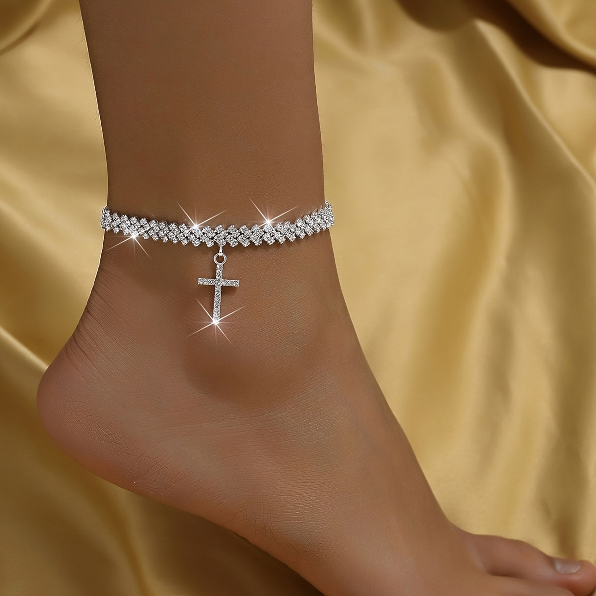 2pcs/ Set Delicate Golden Glitter Cross Pendant Women'S Anklet, Fashion Glitter Elegant Sexy Style Personalized Summer Beach Anklet, Jewelry Gift Anklet, The Perfect Holiday Gift for Beautiful Women