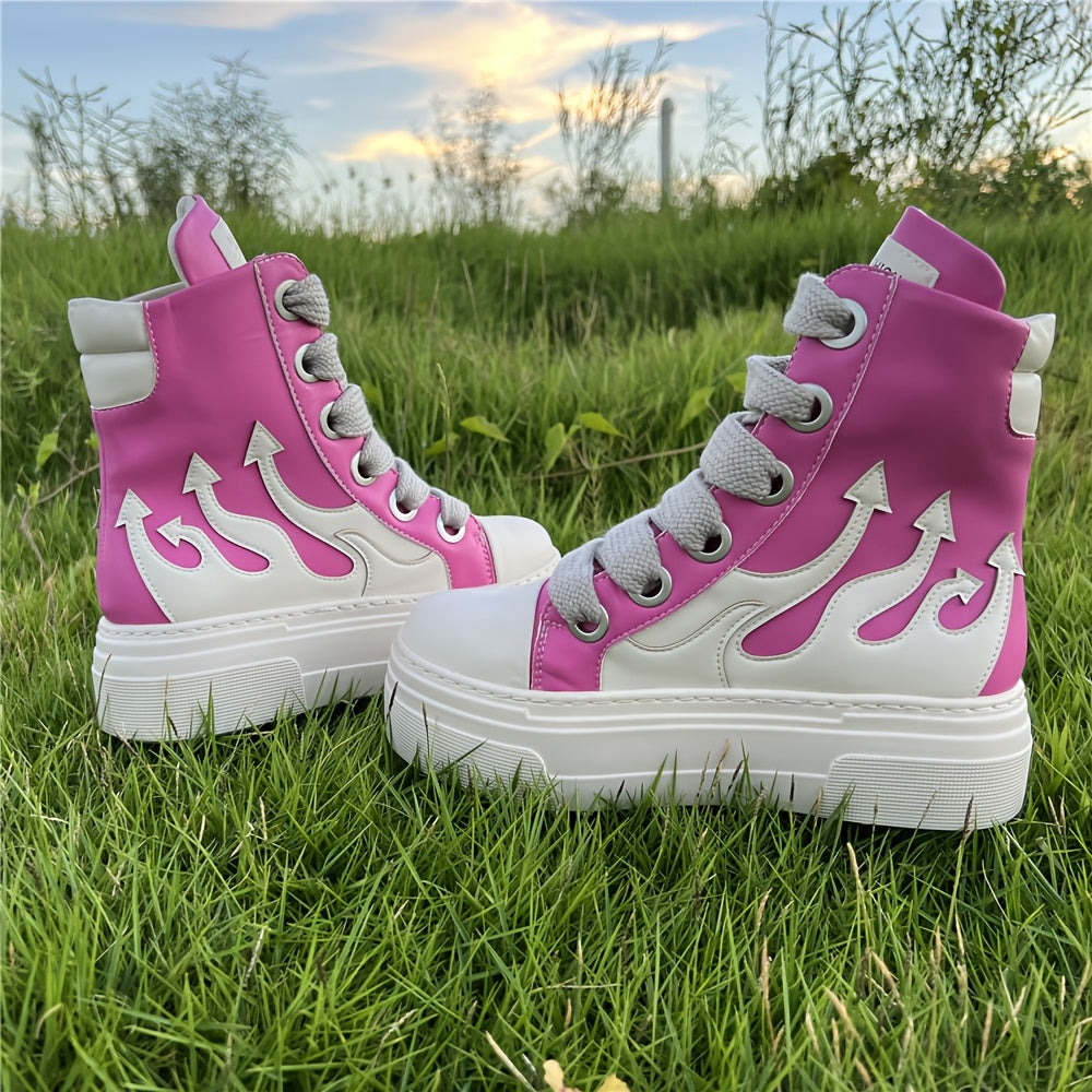 Women Fashion Red Sneakers Thick Sole High-top Faux Leather Casual Tennis