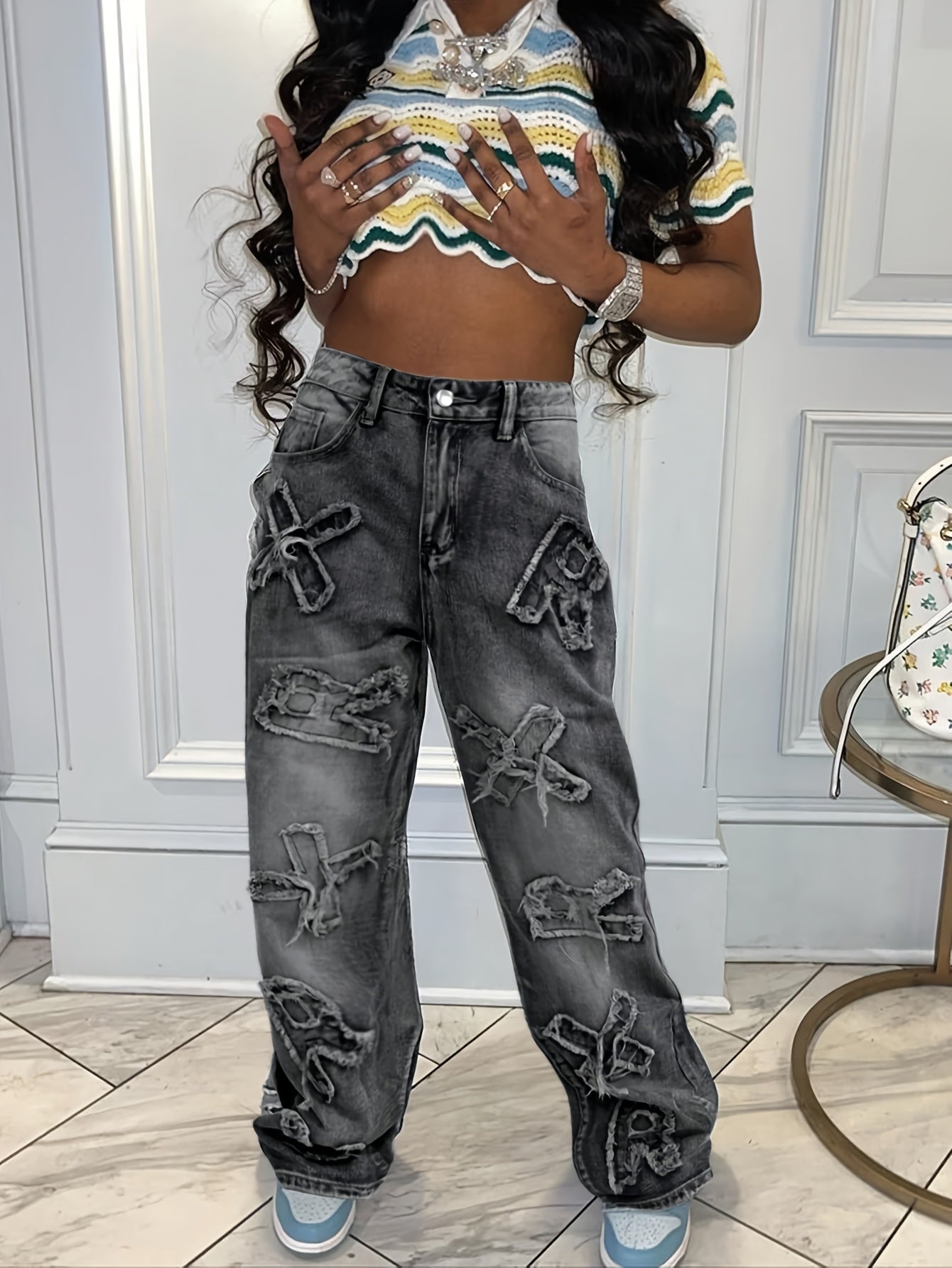 Women'S Monogram Embroidered Jeans - Casual Straight Leg Design, Non-stretch Fabric, Geometric Pattern - All Season Pants With Button Closure - For Women - For Casual Going Out - The Perfect Gift For Stylish Women