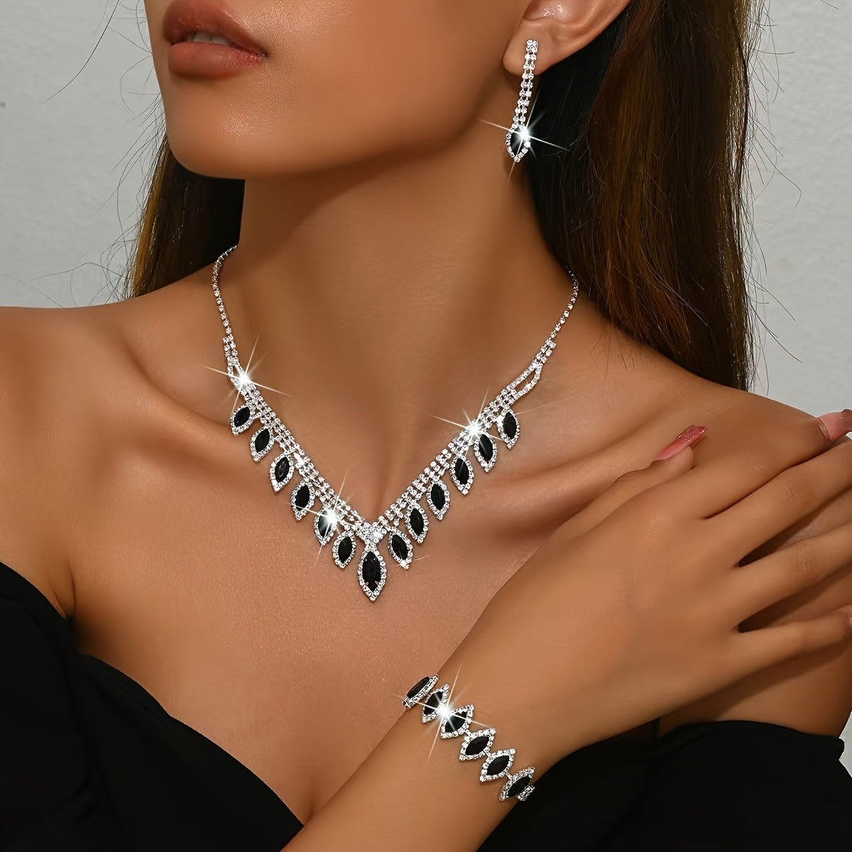 Elegant Bridal Wedding Jewelry Set, Rhinestone Heart Theme, Synthetic February Birthstone, Minimalist Style, 1 Necklace, 1 Pair Of Earrings, 1 Bracelet, Party And Wedding Accessories, Ramadan Gifts, Suitable For All Seasons