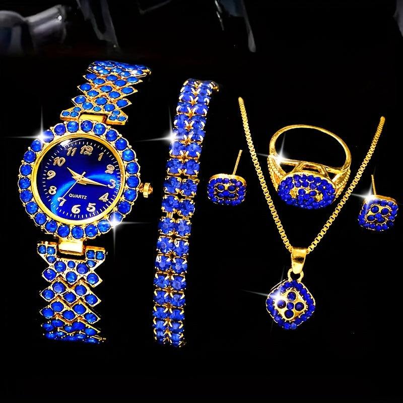 6pcs Ladies' Luxury Blue Quartz Watch and Jewelry Set - Golden-Tone Fashion Accessories with Gemstone Accents, Ideal for Daily Wear & Special Occasions, Perfect Christmas & Halloween Gift