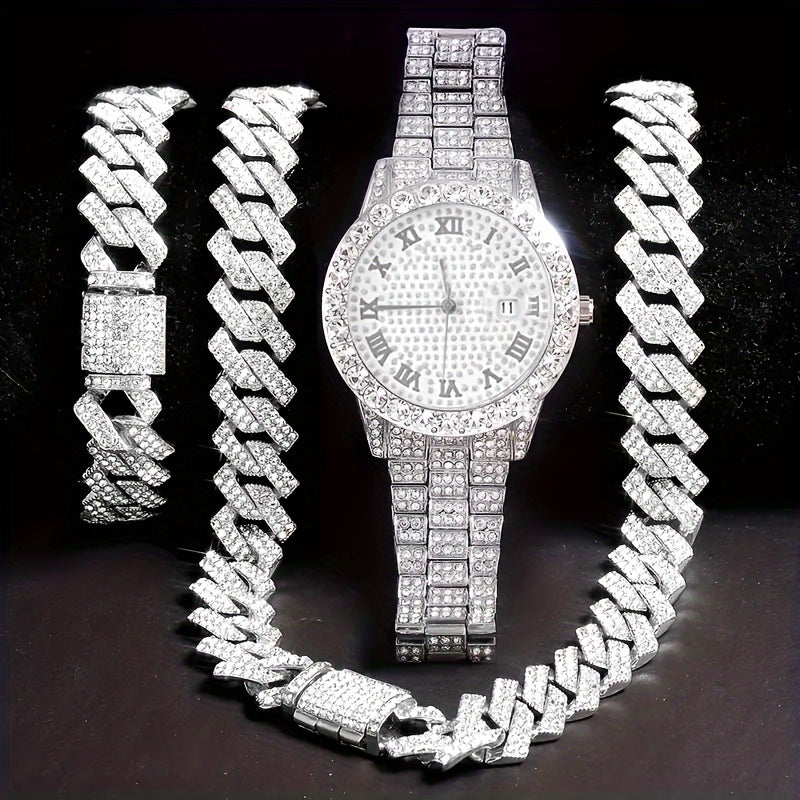 A Set Of 3 Pieces, Featuring A Stylish Hip-hop Watch Set With Waterfall Chain Bracelet And Necklace - Sparkling Water Droplets, Classic Design, Suitable For Men's Fashion