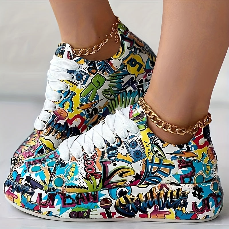 Women's Graffiti Print Platform Sneakers - Low-Top Lace-Up Skate Shoes with PU Cover Upper, Rubber Sole & Fabric Lining, All-Season Casual Streetwear Shoes for Urban Fashion, Ladies Sneakers, Stylish Laceup Footwear, Durable