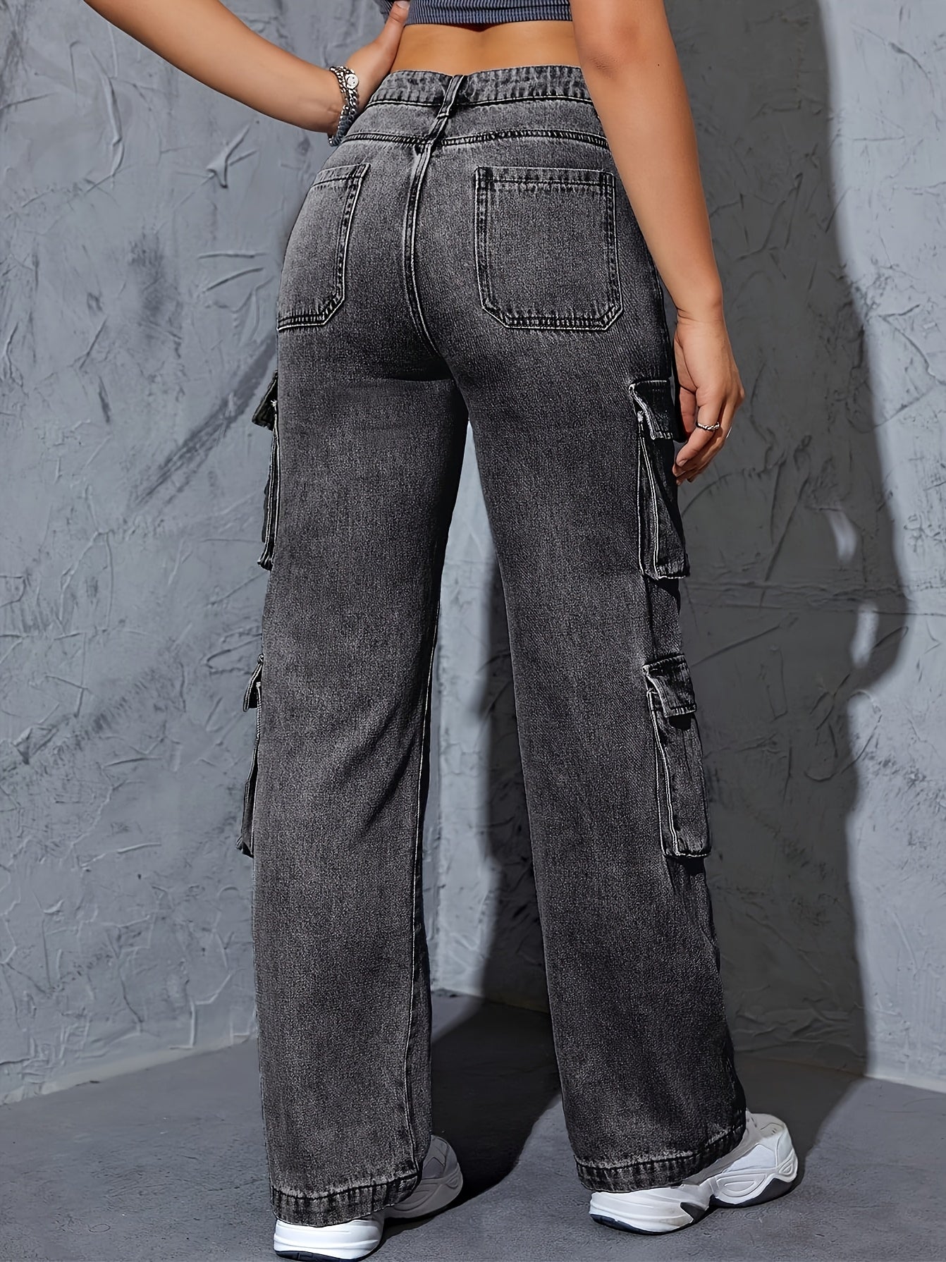 Women's High-waisted Wide-leg Jeans, Boyfriend Style Wide-leg Overalls, Casual Denim Baggy Belt Pockets