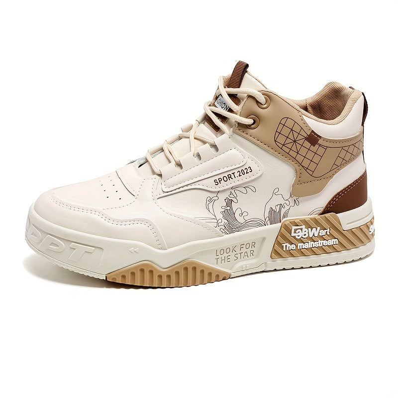 Women's High-Top Casual Sneakers - Trendy Wave Pattern & Color Block Design, PU Cover Upper & Anti-Slip Rubber Sole, Lace-Up Skateboard Shoes for Outdoor Activities, All-Season Comfort Footwear, High Top Sneakers
