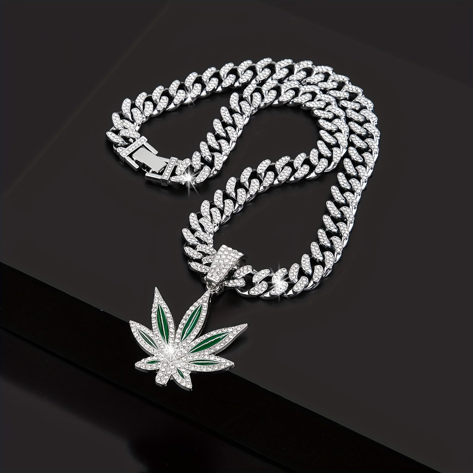 Hip hop rhinestone leaf pendant, Cuban chain necklace, unisex neck accessory, Women's and Men's decoration