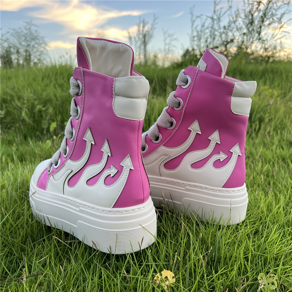 Women Fashion Red Sneakers Thick Sole High-top Faux Leather Casual Tennis
