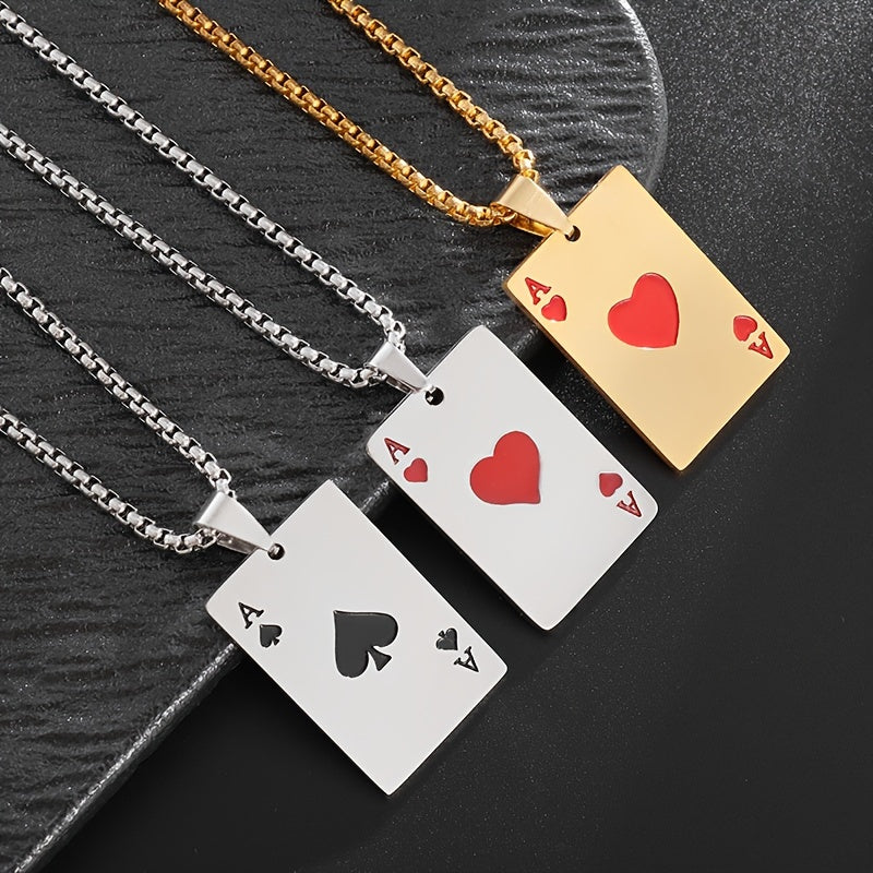 Classic Stainless Steel Pendant Necklace - Unisex Heart A Spade A Design - Fashionable Punk Style Lucky Jewelry Accessory