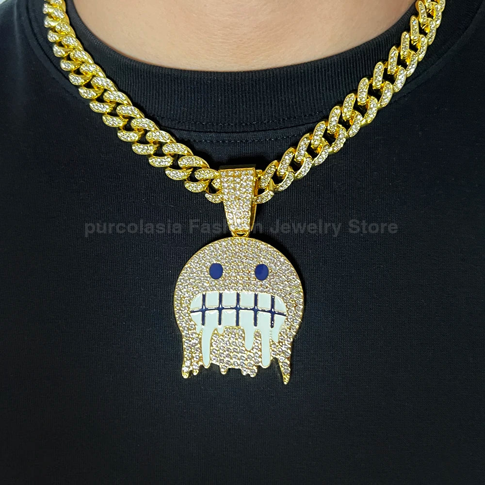 Hip Hop Necklace Exaggerated Frozen Expression Face Pendant With 12mm Cuban Chain Iced Out Jewelry For Man Woman