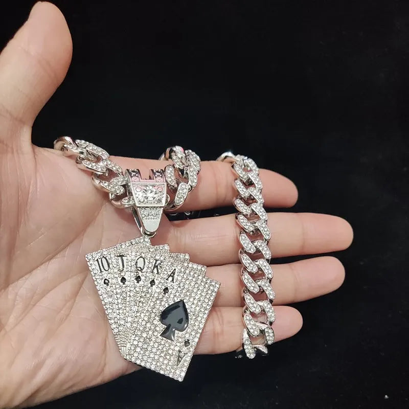 Men Women Hip Hop playing card Pendant Necklace With Crystal Cuban Chain HipHop Iced Out Bling Necklaces Fashion Charm Jewelry