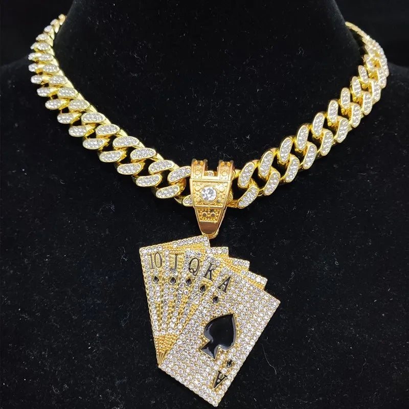 Men Women Hip Hop playing card Pendant Necklace With Crystal Cuban Chain HipHop Iced Out Bling Necklaces Fashion Charm Jewelry