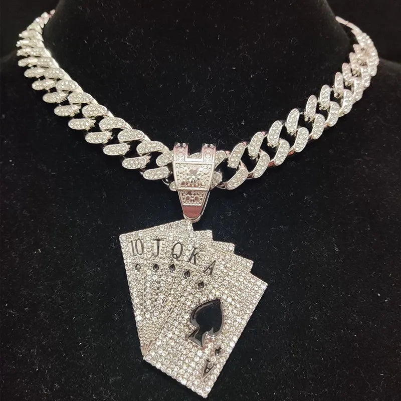 Men Women Hip Hop playing card Pendant Necklace With Crystal Cuban Chain HipHop Iced Out Bling Necklaces Fashion Charm Jewelry