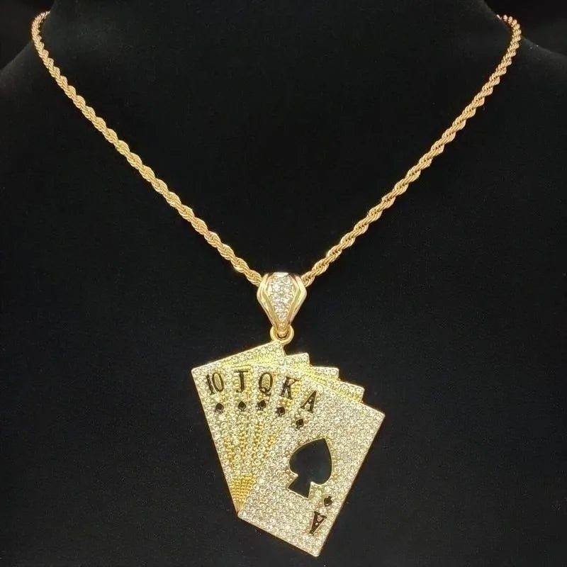 Men Women Hip Hop playing card Pendant Necklace With Crystal Cuban Chain HipHop Iced Out Bling Necklaces Fashion Charm Jewelry