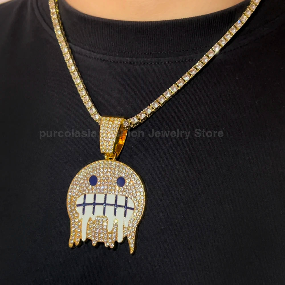 Hip Hop Necklace Exaggerated Frozen Expression Face Pendant With 12mm Cuban Chain Iced Out Jewelry For Man Woman