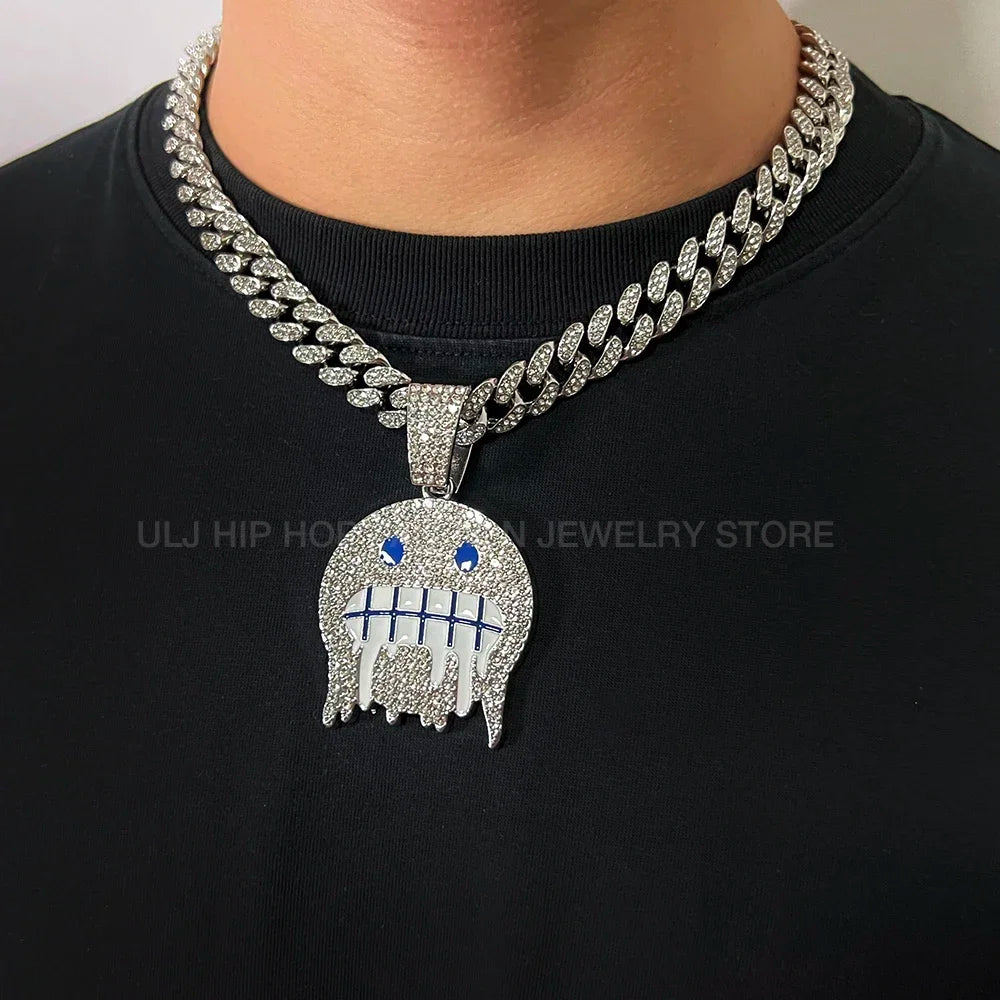 Hip Hop Necklace Exaggerated Frozen Expression Face Pendant With 12mm Cuban Chain Iced Out Jewelry For Man Woman