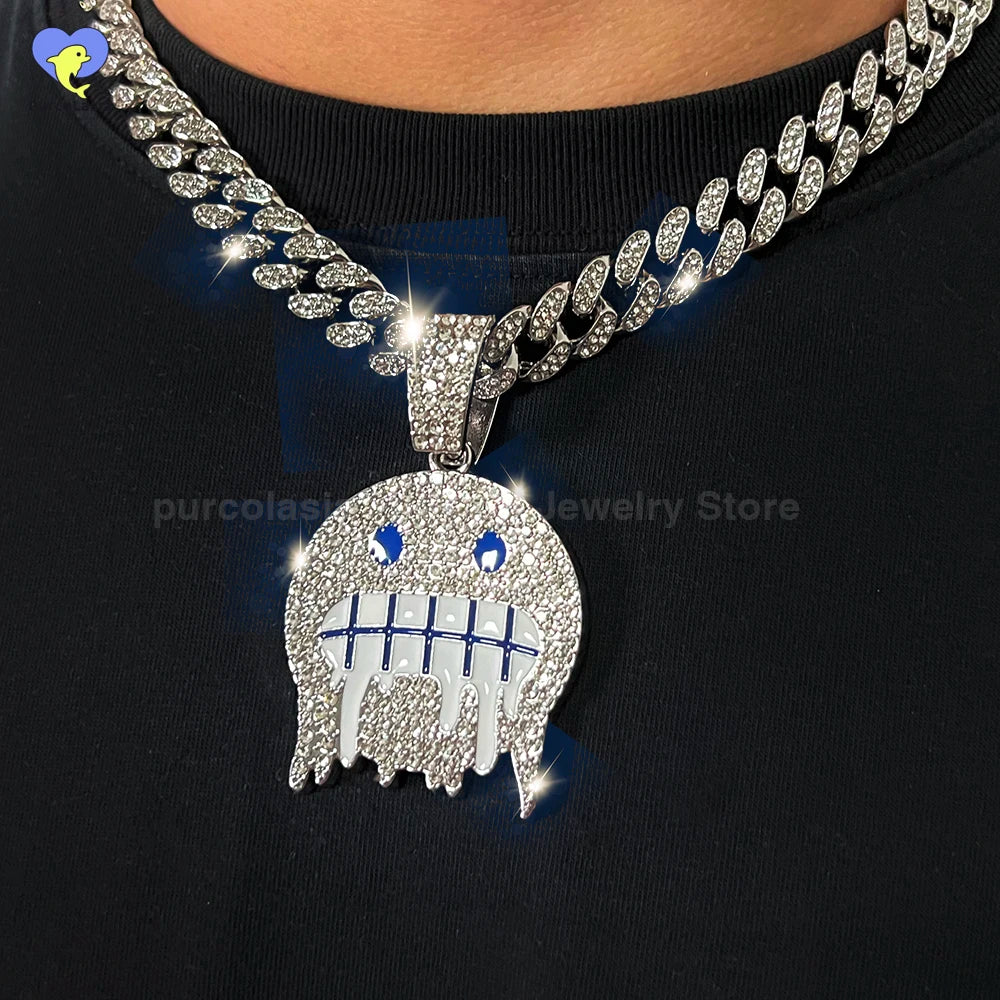 Hip Hop Necklace Exaggerated Frozen Expression Face Pendant With 12mm Cuban Chain Iced Out Jewelry For Man Woman