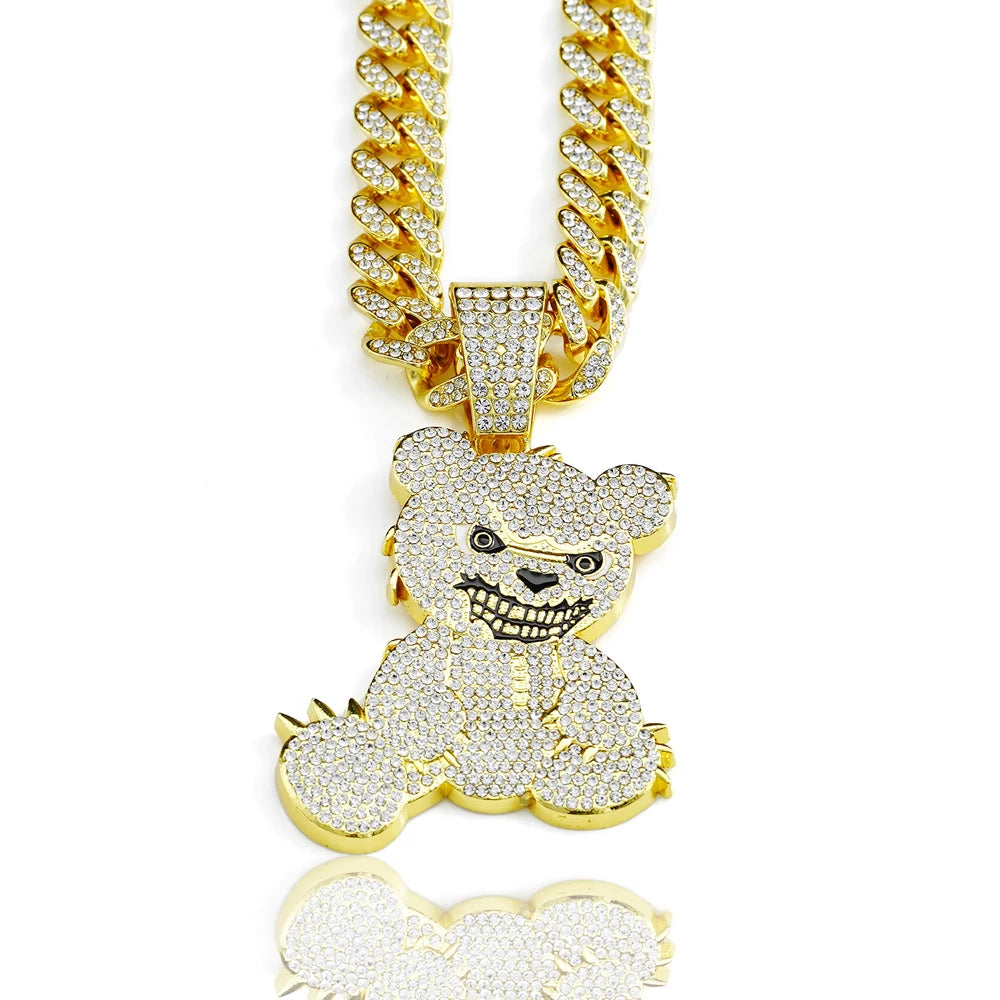 Hip Hop Aggressive Bear Pendants Necklaces with Miami Cuban Link Chain Brown Bear Men's Women Choker Collar Jewelry Accessories