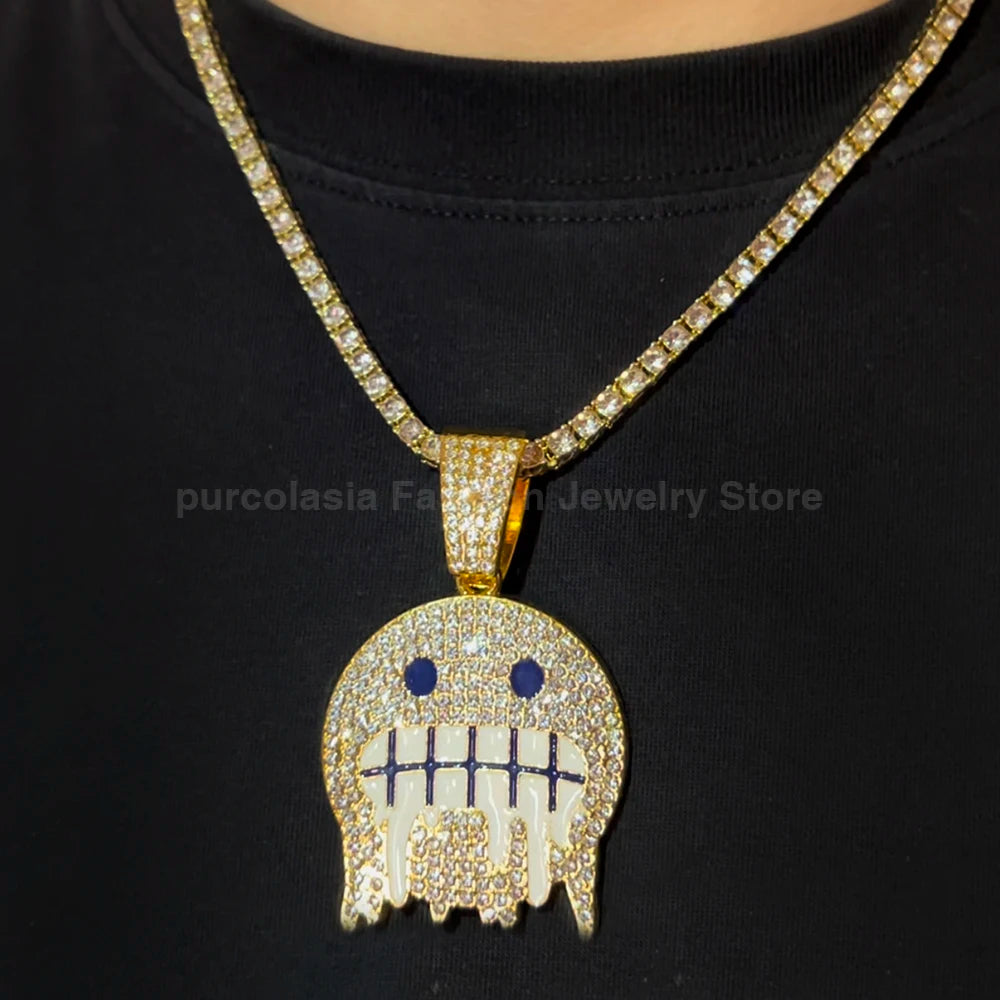 Hip Hop Necklace Exaggerated Frozen Expression Face Pendant With 12mm Cuban Chain Iced Out Jewelry For Man Woman