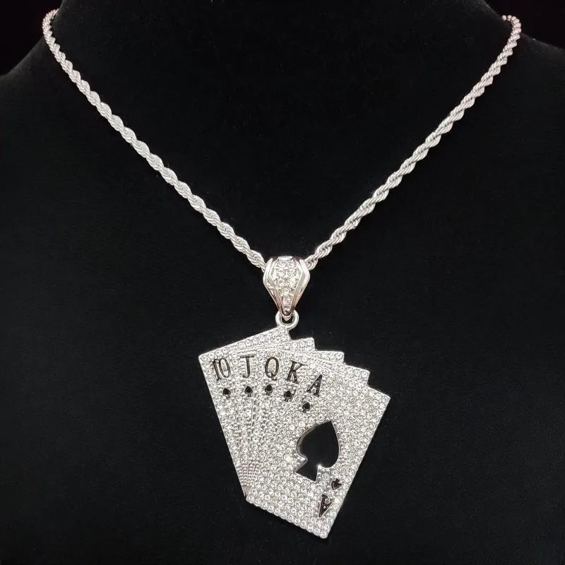 Men Women Hip Hop playing card Pendant Necklace With Crystal Cuban Chain HipHop Iced Out Bling Necklaces Fashion Charm Jewelry