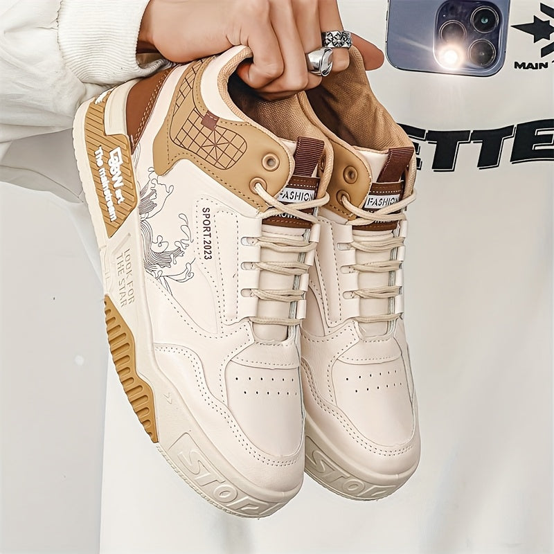 Women's High-Top Casual Sneakers - Trendy Wave Pattern & Color Block Design, PU Cover Upper & Anti-Slip Rubber Sole, Lace-Up Skateboard Shoes for Outdoor Activities, All-Season Comfort Footwear, High Top Sneakers