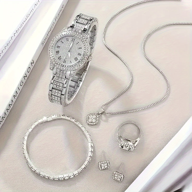 6 New Ladies' Gorgeous And Fashionable Silvery Quartz Watch+new Silvery Jewelry Set Valentine'S Day, Easter, Ramadan, Wedding, Birthday Party, Christmas Horror, Halloween, Give Friends Gifts Eid Al Adha
